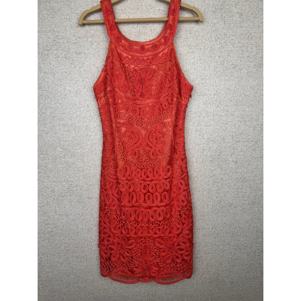 SUE WONG Coral Red Illusion Soutache Embroidered Lace Sleeveless Mini Dress S
